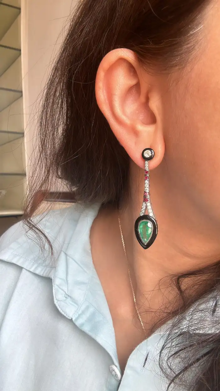 18k Yellow Gold Dangle Earrings - Pear Shape Emerald & 0.87 Ct. Diamond Earrings - Black Onyx , Ruby Gemstone Dangle Earrings - Art Deco