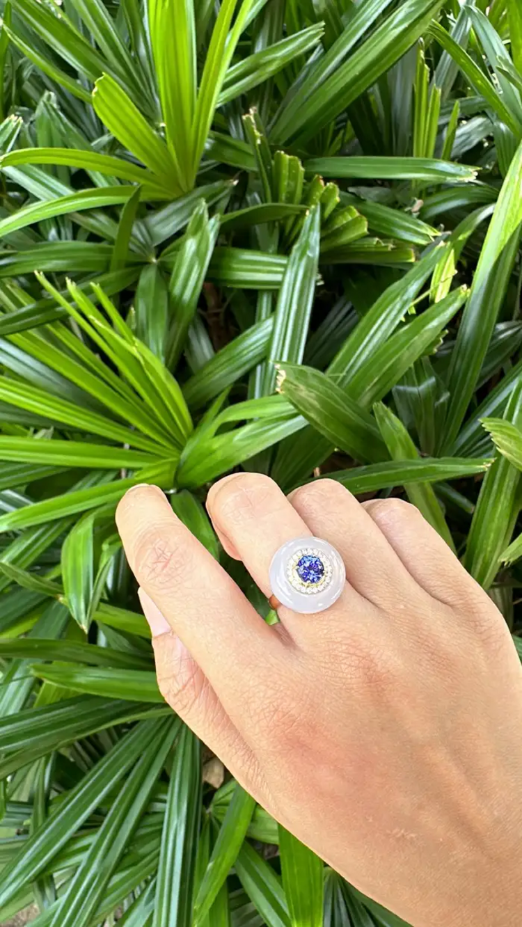 Natural Tanzanite & Chalcedony Gold Ring - 18k Yellow Gold Diamond Cocktail Ring