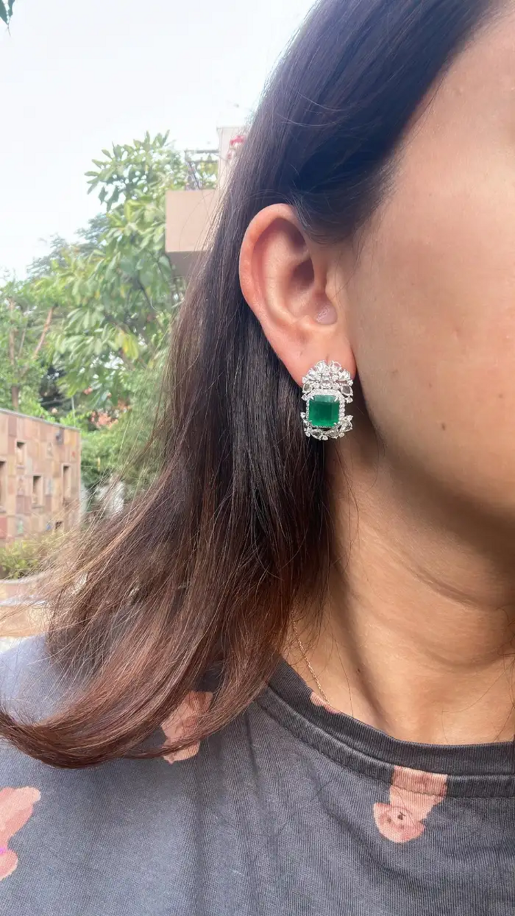 18k White Gold Handmade Minimalist Earrings - Natural Zambian Emerald Diamond Tiny Stud Earrings
