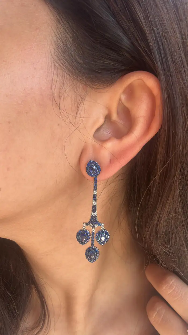 Natural Ceylon Blue Sapphire Chandelier Earring - 18k White Gold Diamond Handmade Dangle Earrings