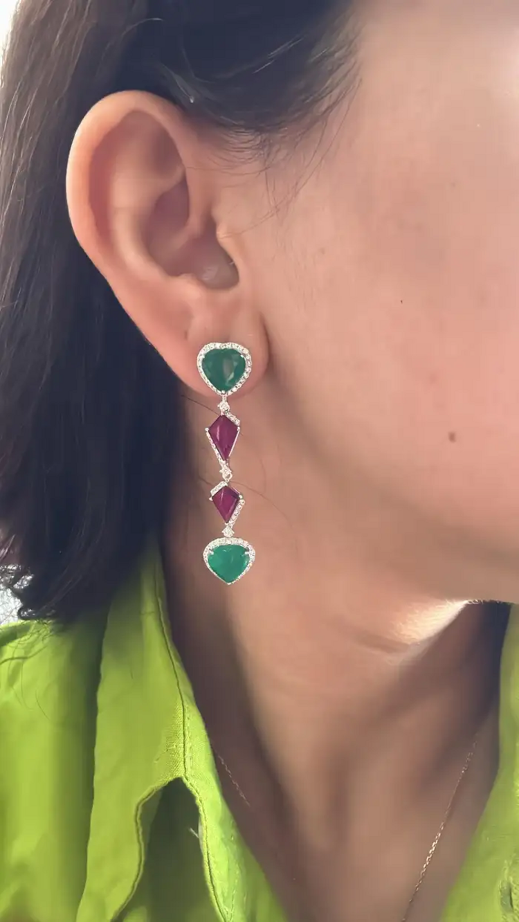 18k White Gold Diamond Chandelier Earrings - Heart Shape Zambian Emerald & Ruby Dangle Women Earrings