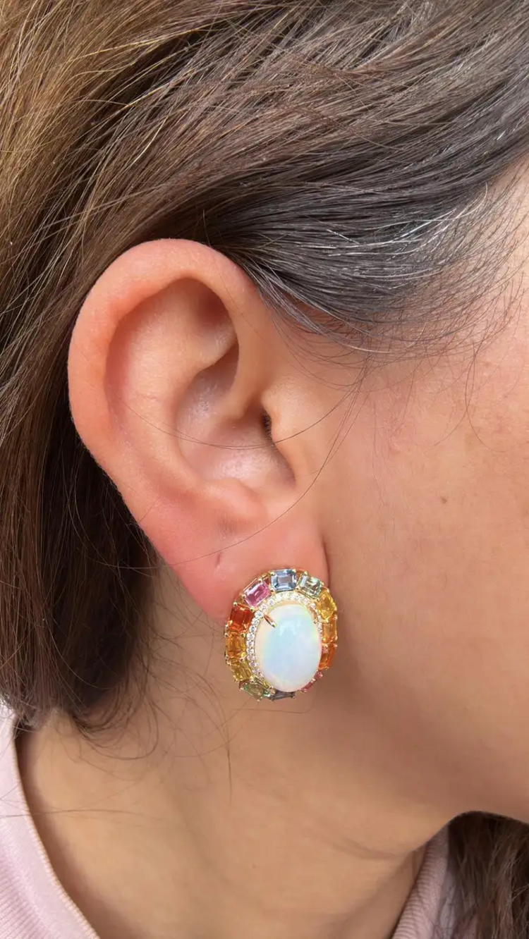 Ethiopian Opal & Ceylon Multi Sapphire Stud Earrings - 18k Yellow Gold Diamond Earrings