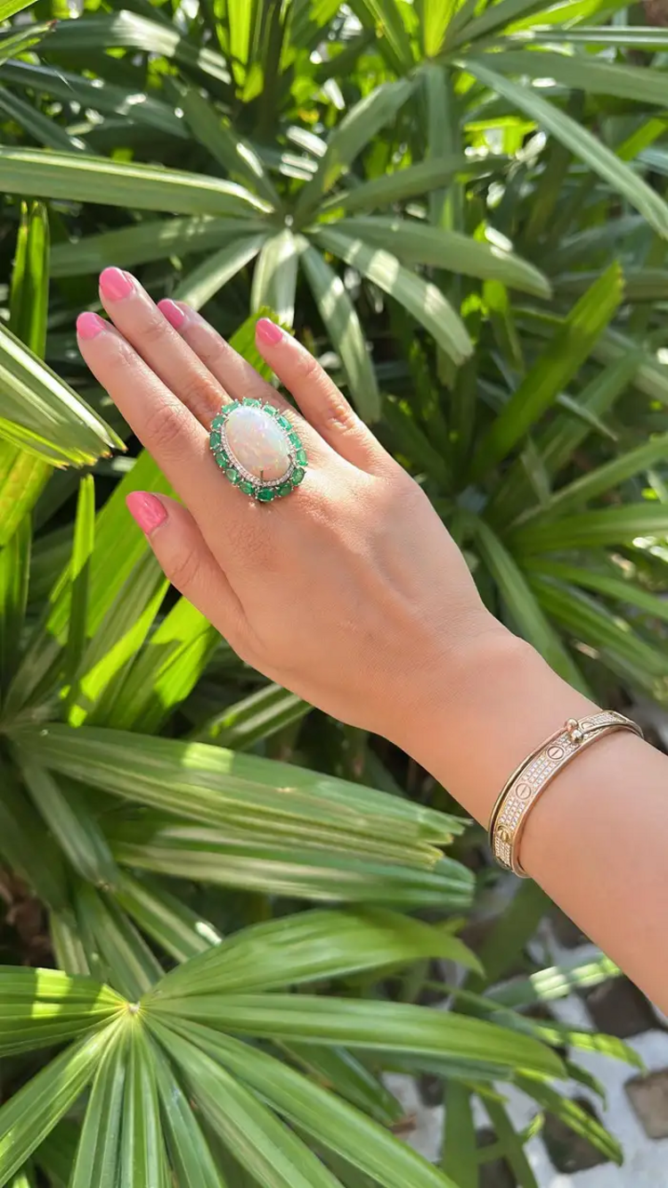 Natural Ethiopian Opal & Zambian Emerald Cocktail Ring - 18k White Gold Diamond Wedding Ring