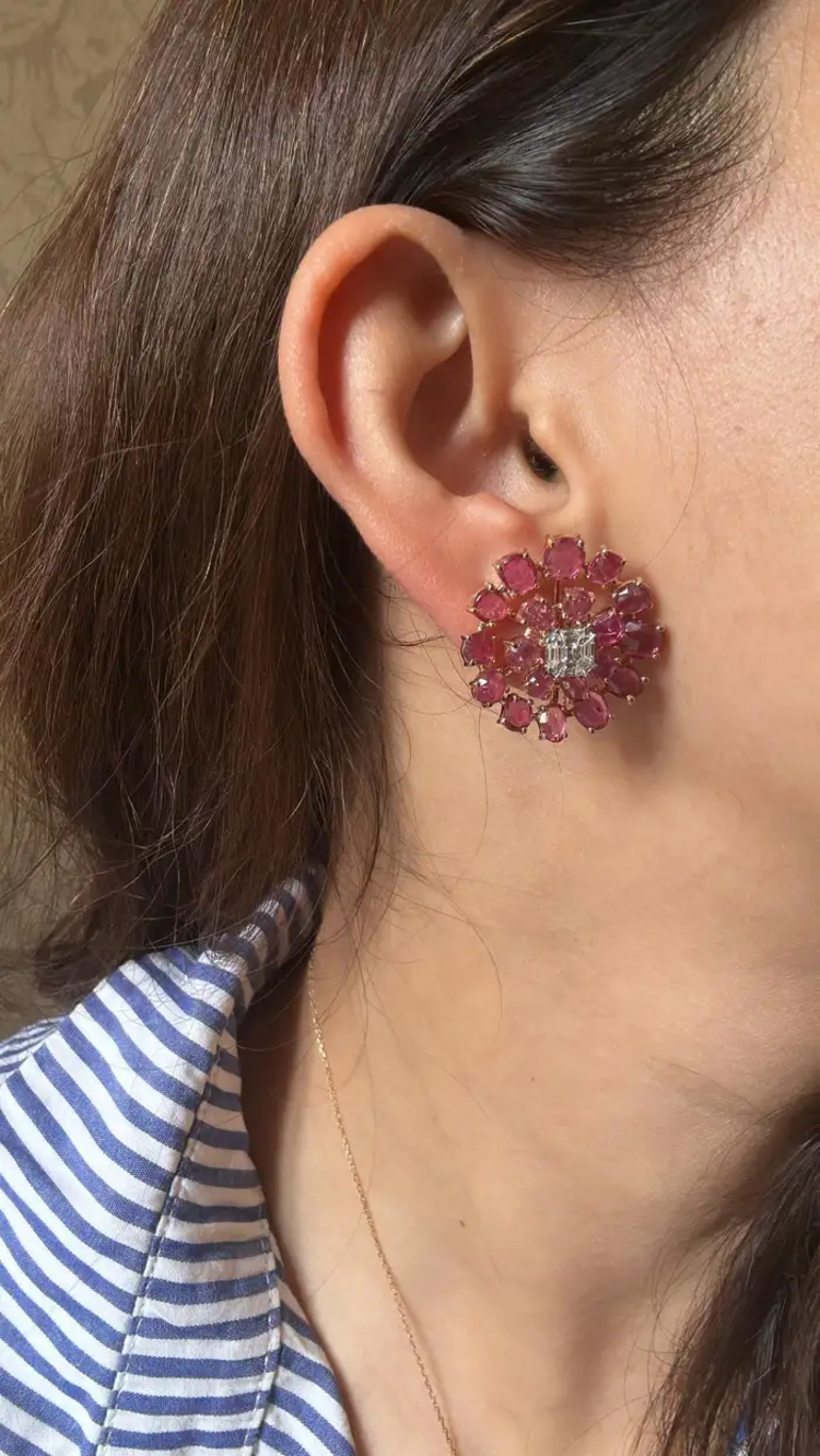 Natural Ceylon Pink Sapphire Floral Stud Earrings - 18k Rose Gold Diamond Stud Earrings