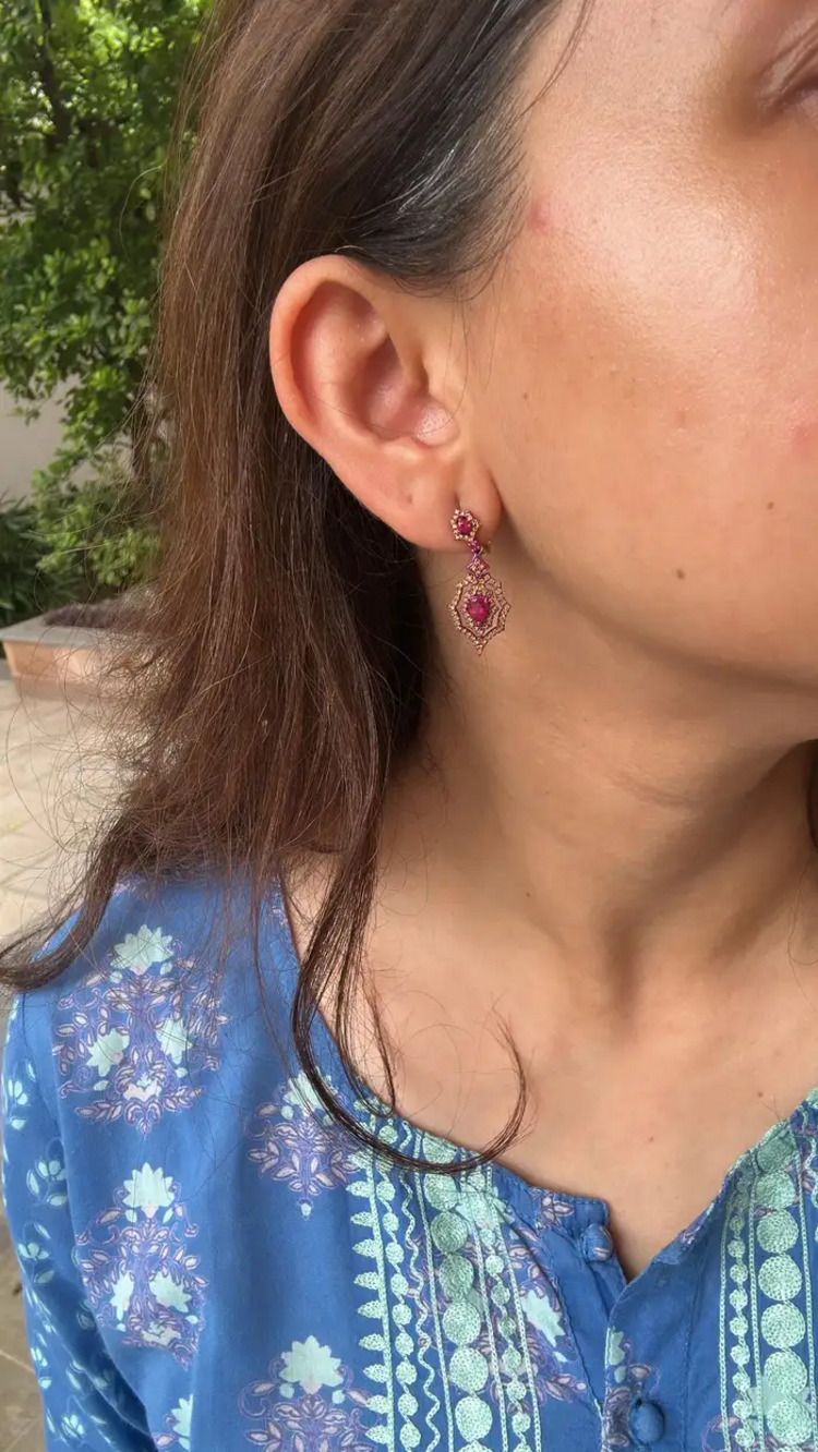 18k Gold Red Rhodium Diamond Dangle Earrings - Natural Mozambique Ruby Earrings