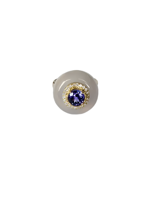 Natural Tanzanite & Chalcedony Gold Ring - 18k Yellow Gold Diamond Cocktail Ring