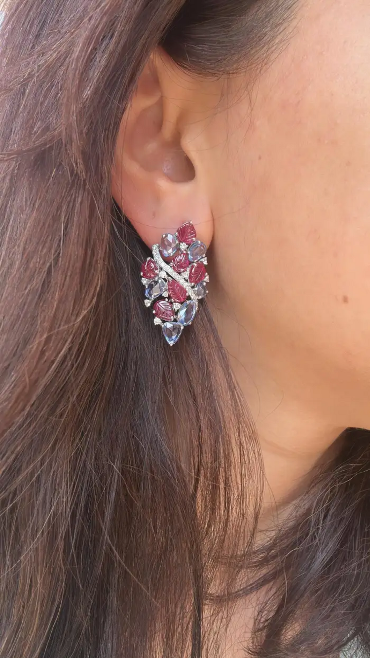 Natural Blue Sapphire & Diamond Earrings - 18k White Gold Carved Ruby Women Earrings