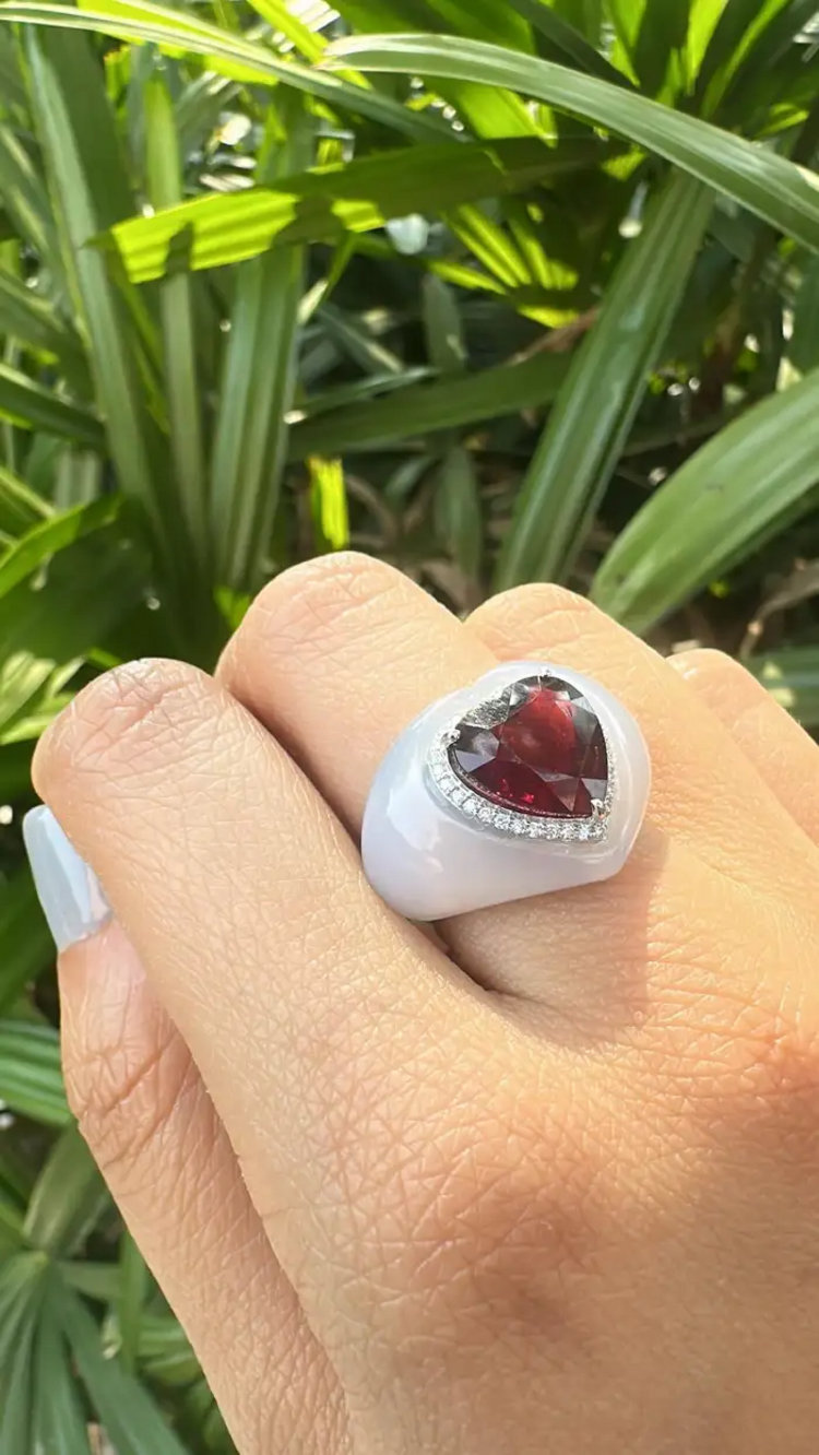 4.93 Heart Shape Rubellite & Chalcedony Anniversary Ring - 18k White Gold Diamond Cocktail Ring