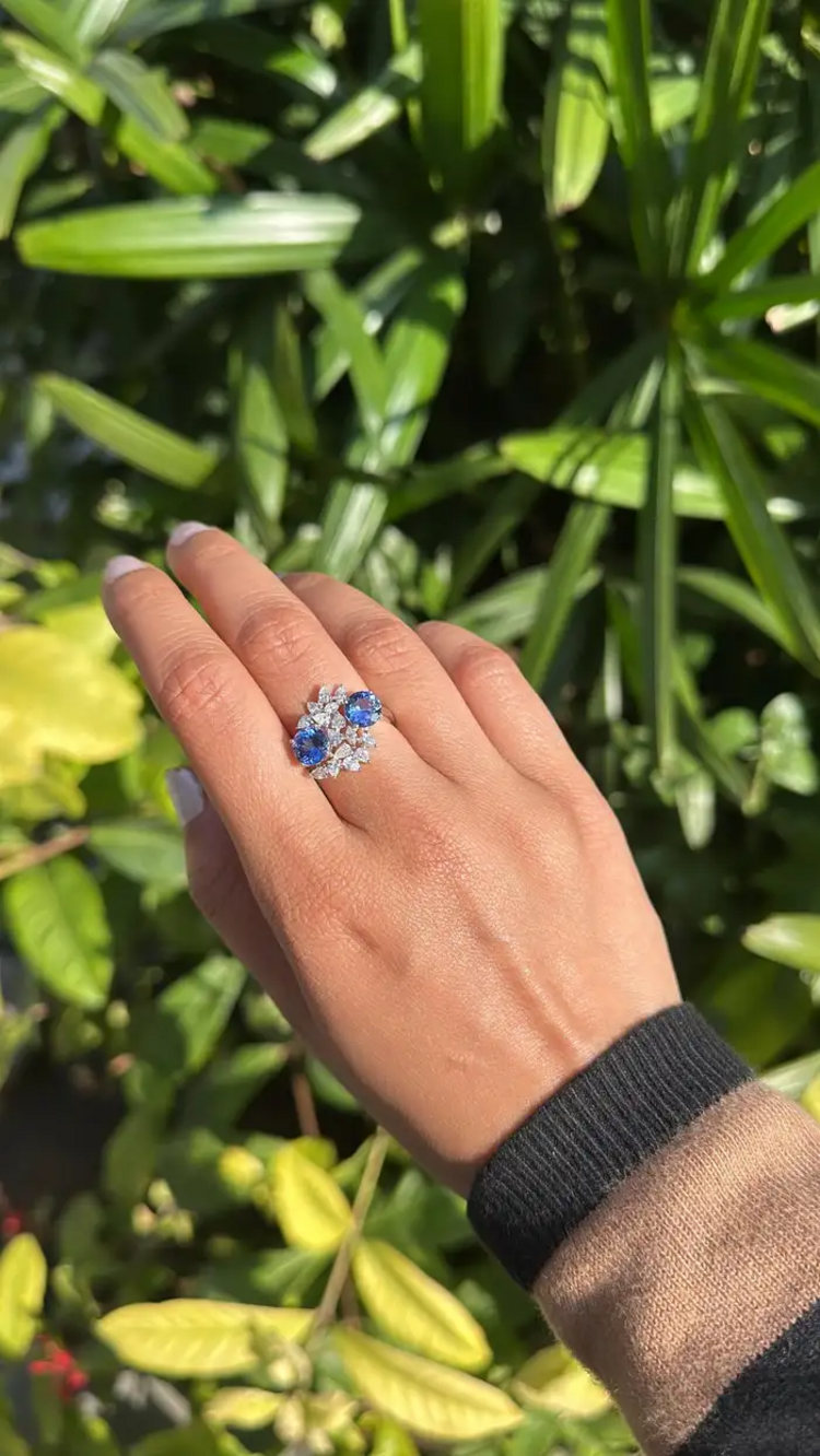 Natural Tanzanite Gemstone & Diamond Wedding Ring - 18k White Gold Handmade Ring