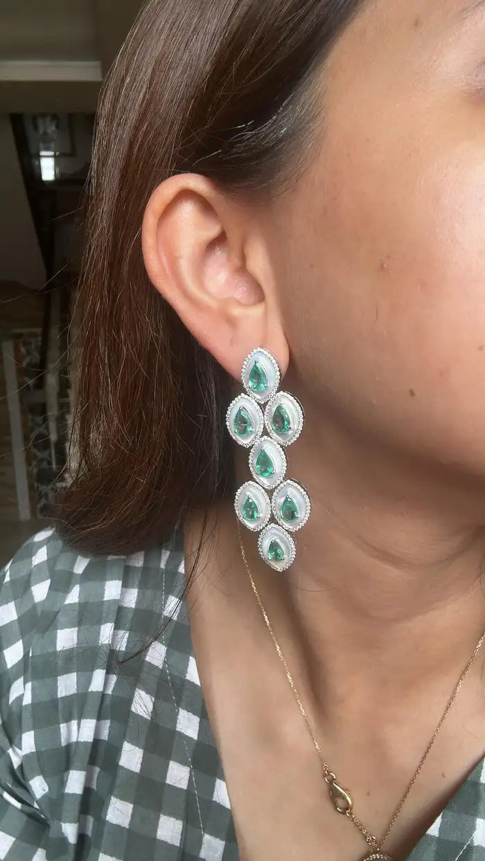 18k White Gold Handmade Chandelier Earring - Natural Colombian Emerald & Mother of Pearl Earrings