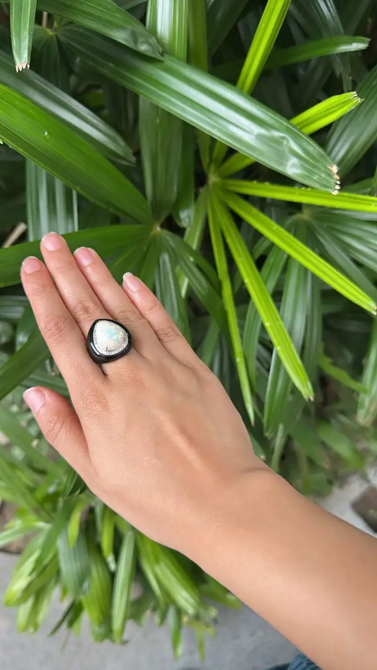 18k White Gold Diamond Ring - Natural Black Onyx & Ethiopian Opal Art Deco Style Ring