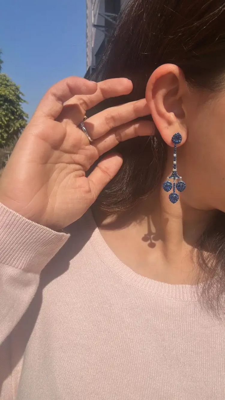 Natural Ceylon Blue Sapphire Chandelier Earring - 18k White Gold Diamond Handmade Dangle Earrings