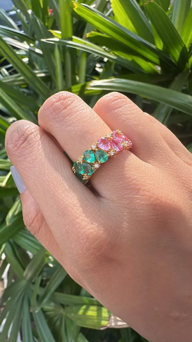 Natural Pink Sapphire, Zambian Emerald & Tanzanite Band Ring - 18k Yellow Gold Diamond Wedding Ring