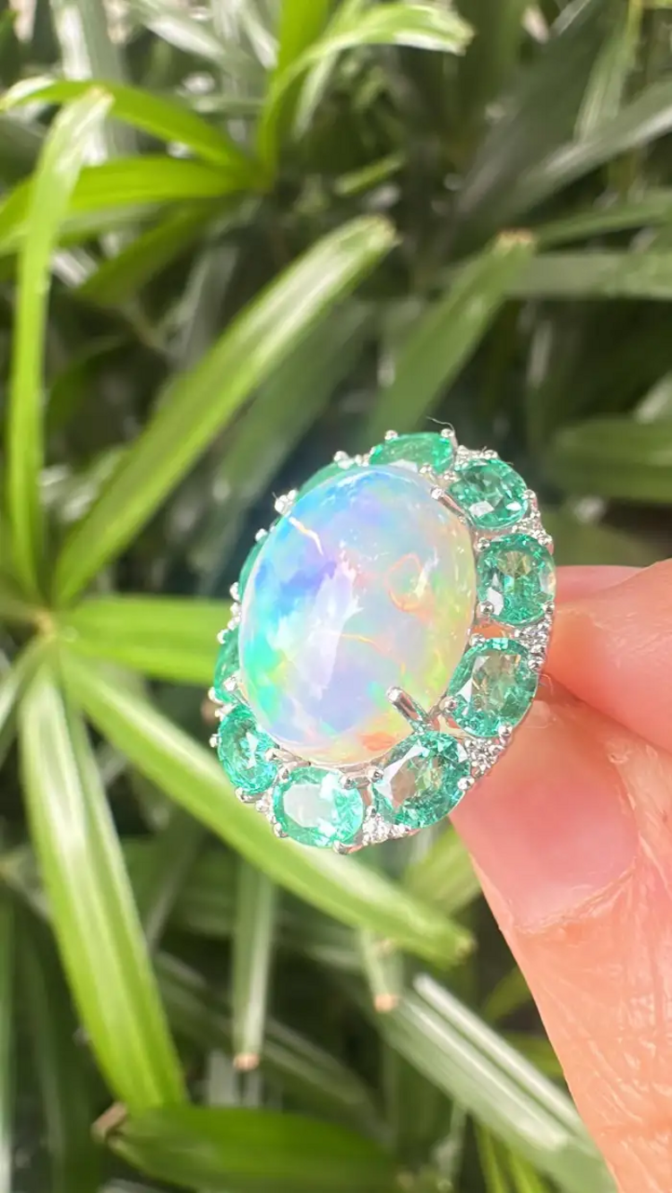18k White Gold Diamond Ring - Natural Ethiopian Opal & Zambian Emerald Cocktail Ring