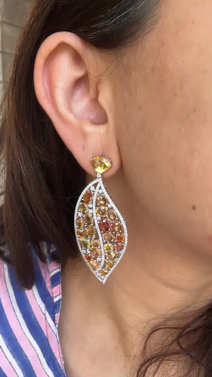 18k White Gold Diamond Dangle Earrings - Natural Yellow Sapphire Gemstone Women Earrings