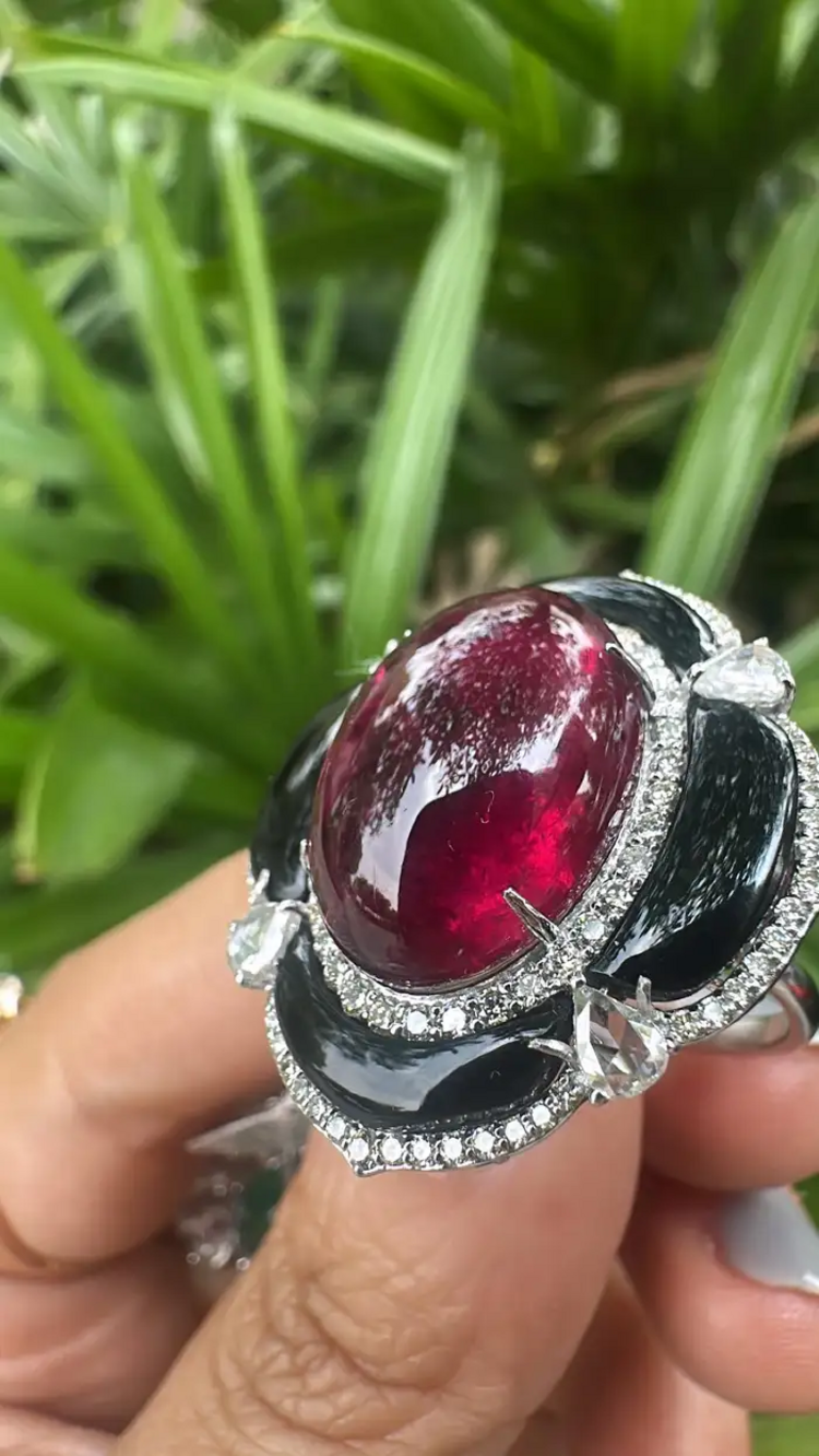 Natural Tourmaline & Black Onyx Cocktail Ring - 18k White Gold Diamond Handmade Ring