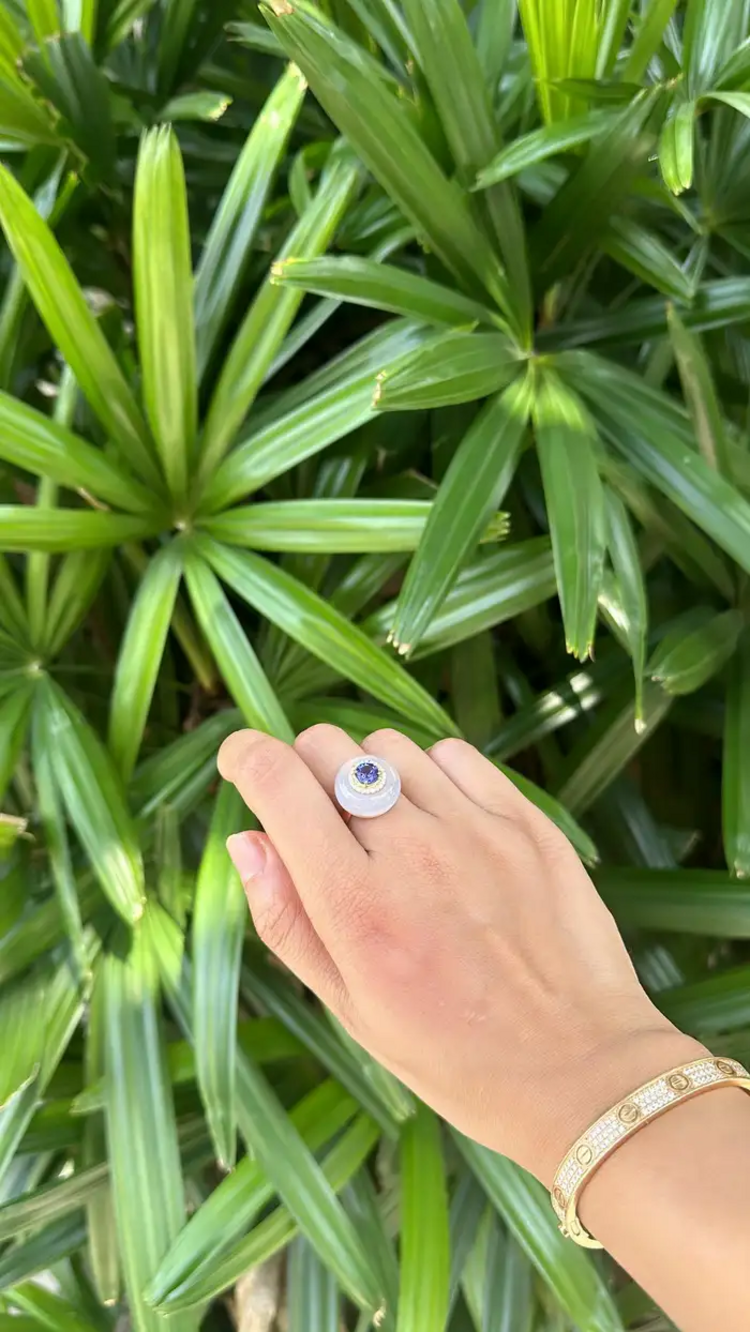 Natural Tanzanite & Chalcedony Gold Ring - 18k Yellow Gold Diamond Cocktail Ring