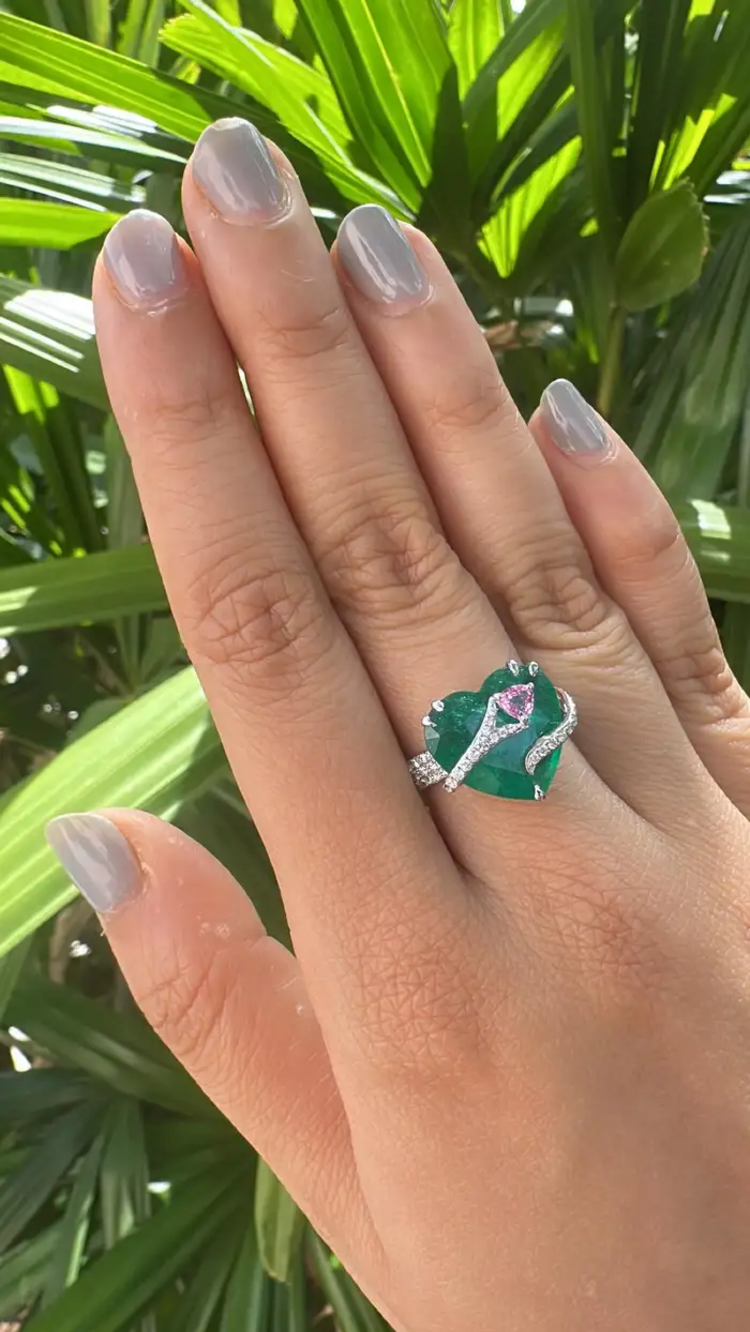Heart Shape Zambian Emerald Gold Ring - 18k White Gold & Pink Sapphire Engagement Ring