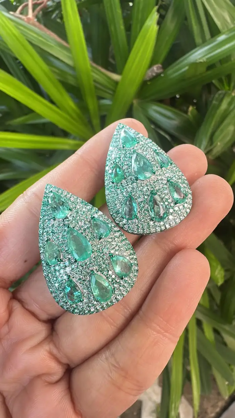 Natural Zambian Emerald & Diamond Pear Shape Earrings - 18k White Gold Earrings With Green Rhodium