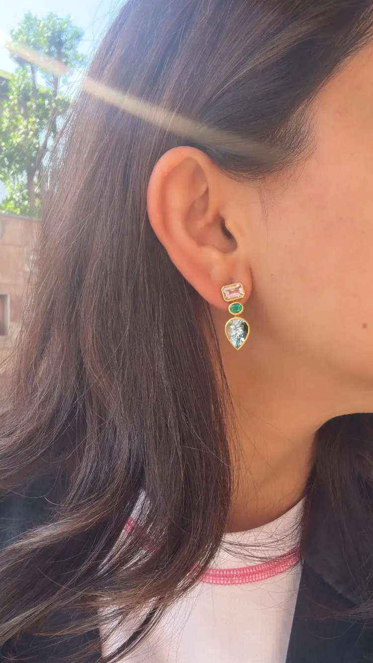 18K Yellow Matte Gold, Aquamarine, Emerald & Morganite Dangle Earring