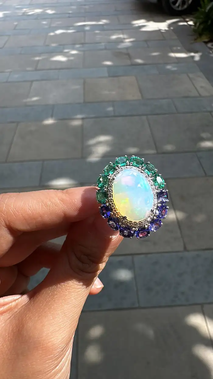 Gold Diamond Ring | 18k White Gold Zambian Emerald Ring | Tanzanite & Ethiopian Opal Cocktail Ring | Handmade Gold Diamond Ring