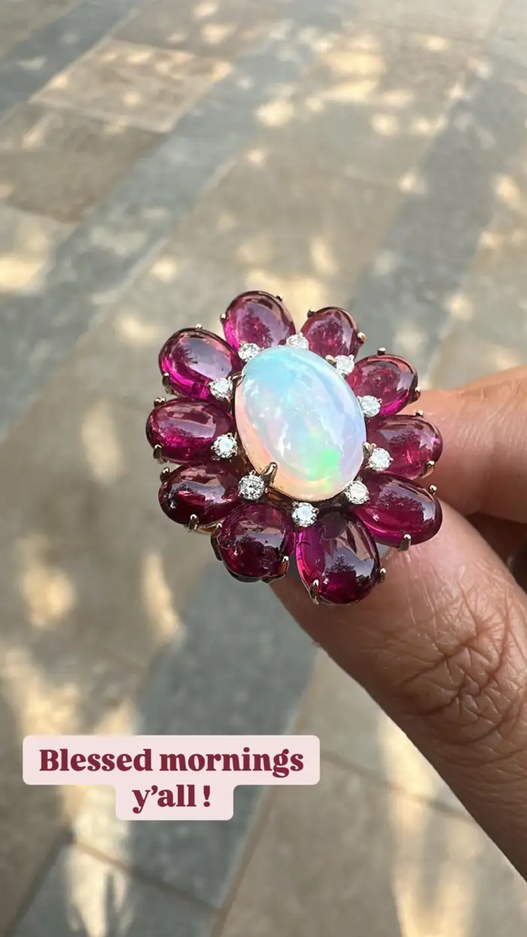 Natural Ethiopian Opal & Tourmaline Cocktail Ring - 18k White Gold Diamond Ring