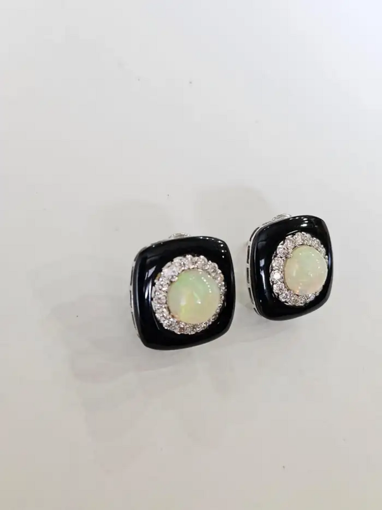 Natural Black Onyx & Ethiopian Opal Stud Earrings - 18k White Gold Diamond Handmade Earrings
