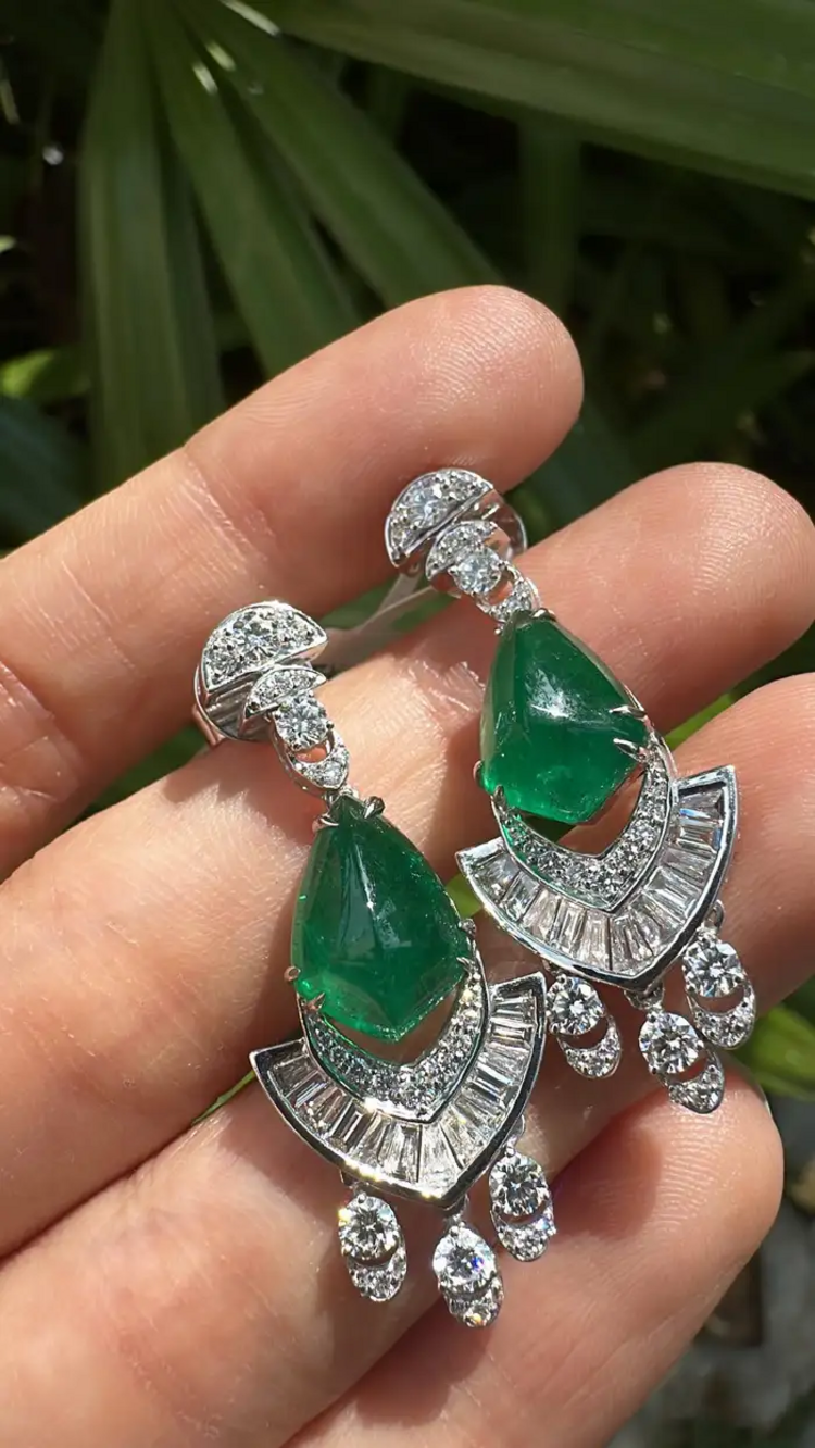 18k White Gold Handmade Dangle Earrings - Natural Zambian Emerald & Diamond Women Earrings