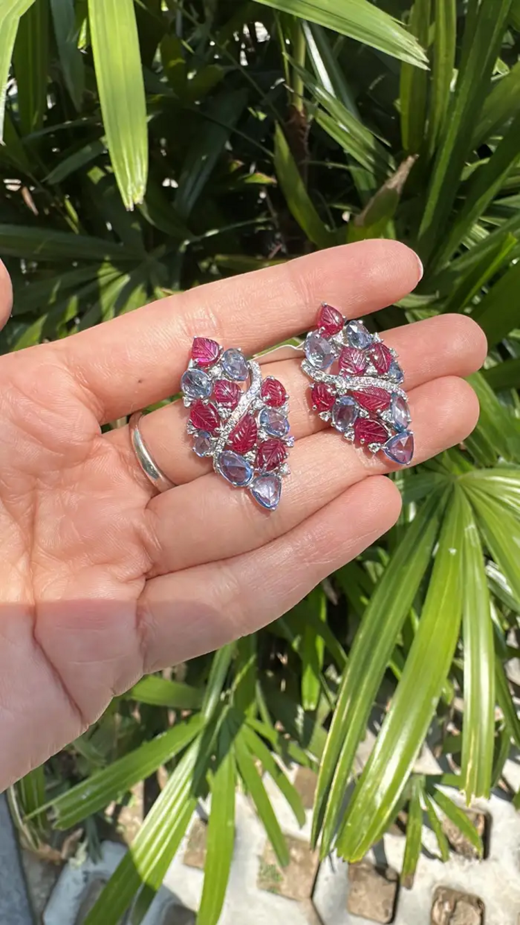 Natural Blue Sapphire & Diamond Earrings - 18k White Gold Carved Ruby Women Earrings