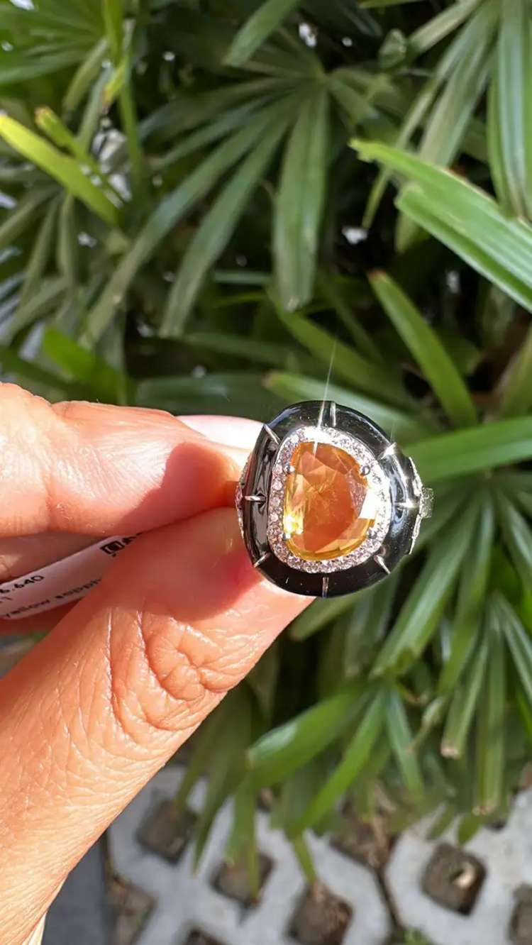 Ceylon Yellow Sapphire & Black Enamel Tiny Ring - 18k White Gold, Diamond Handmade Ring