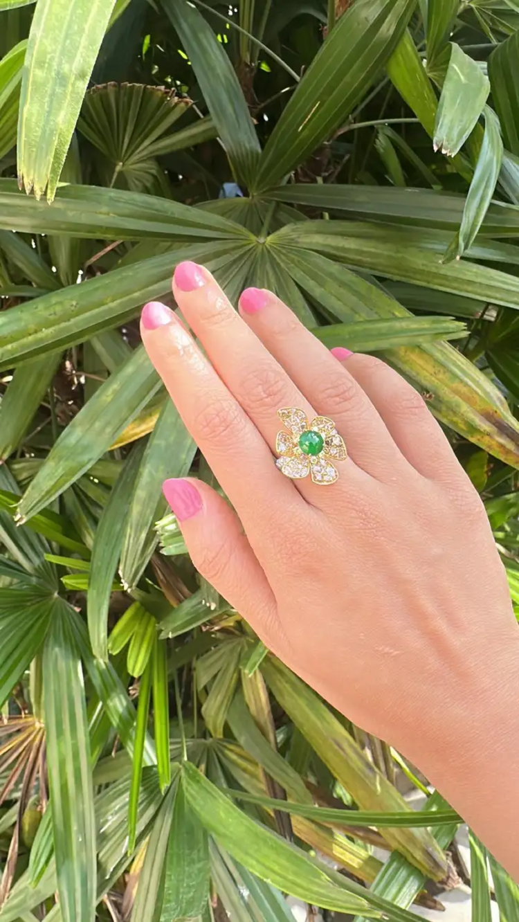 18k Yellow Gold Handmade Diamond Ring - Natural Jade Gemstone Engagement Ring