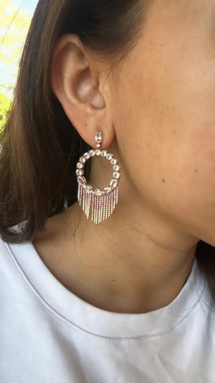 Natural Pink Sapphire & Morganite Gemstone Chandelier Earrings - 18k Rose Gold Diamond Earrings