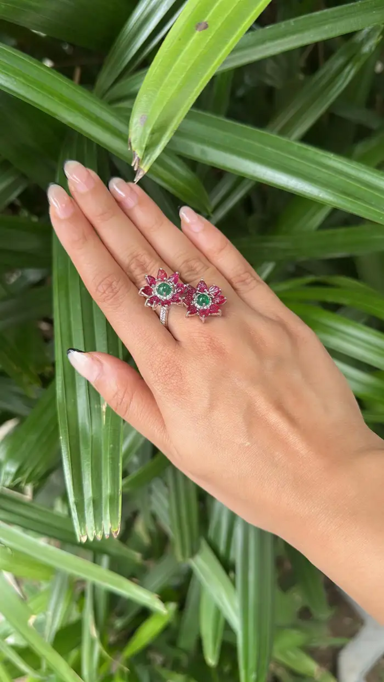 18k White Gold Diamond Toi et Moi Ring - Natural Ruby & Zambian Emerald Wrap Ring