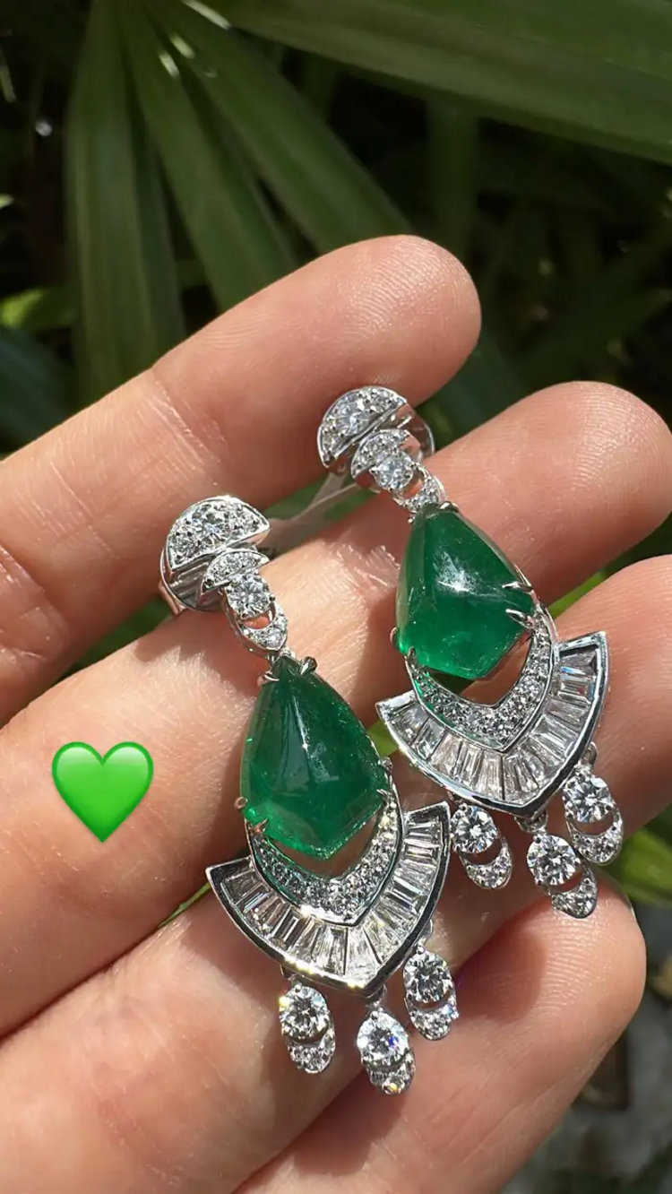 18k White Gold Handmade Dangle Earrings - Natural Zambian Emerald & Diamond Women Earrings