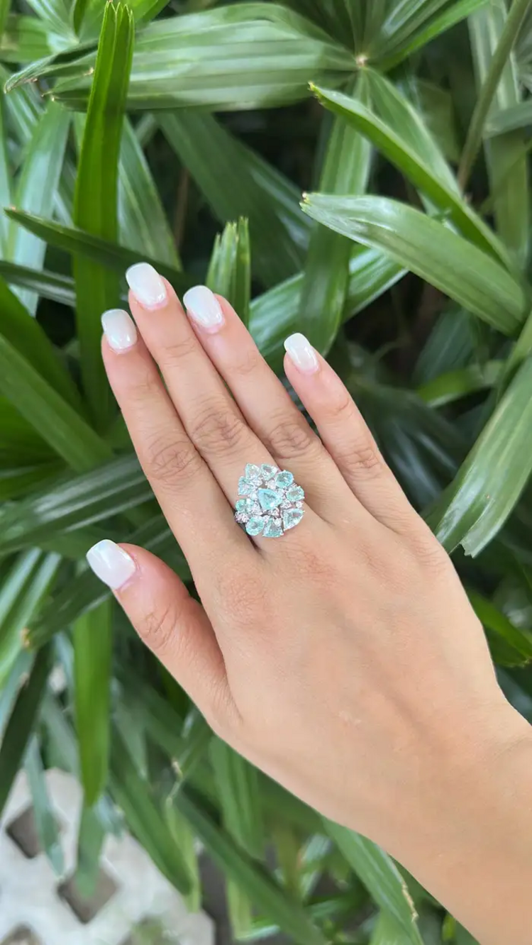 18k White Gold Diamond Wedding Ring - Natural Paraiba Gemstone Ring