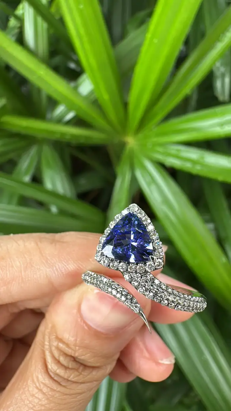 1.58 Ct. Trillion Shape Tanzanite Wrap Ring - 18k White Gold Diamond Handmade Ring