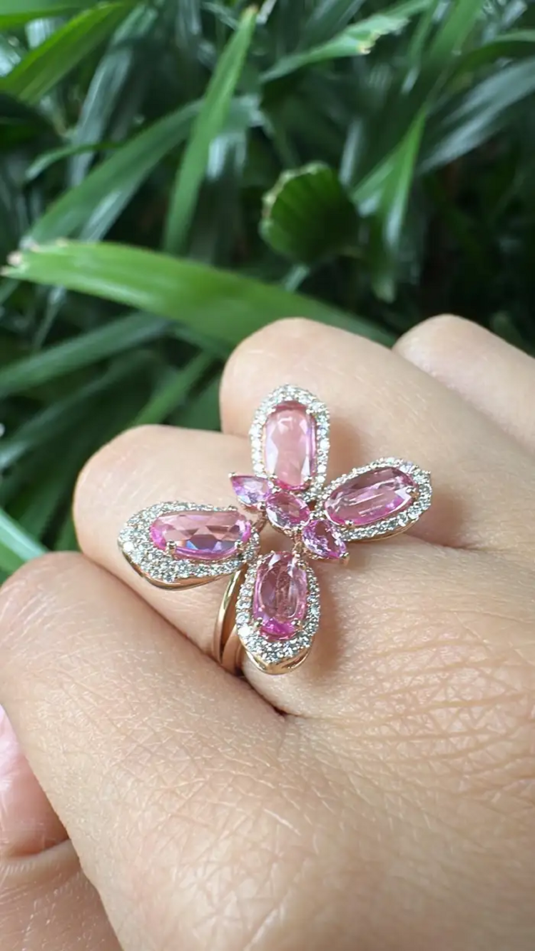 18k Rose Gold Butterfly Ring - Ceylon Pink Sapphire & Diamond Engagement Ring