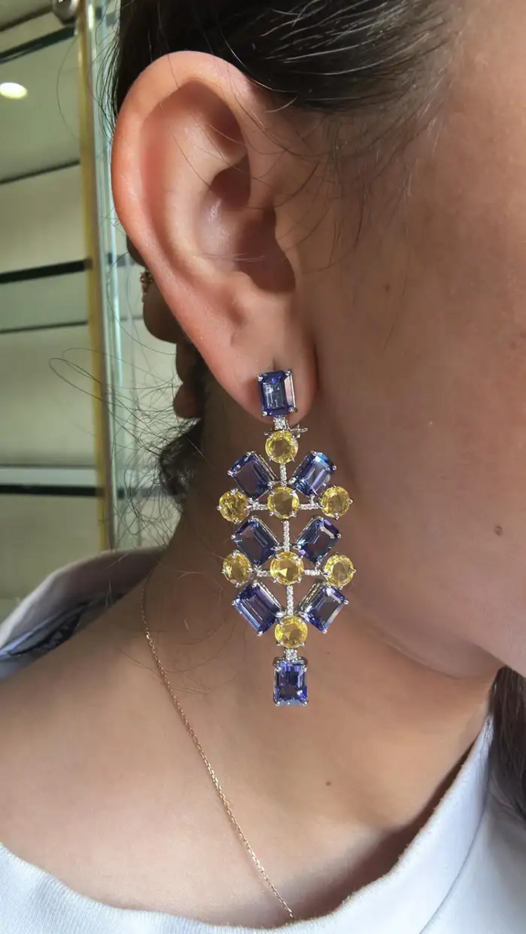 Natural Tanzanite & Yellow Sapphire Dangle Earrings - 18k White Gold Diamond Chandelier Earrings