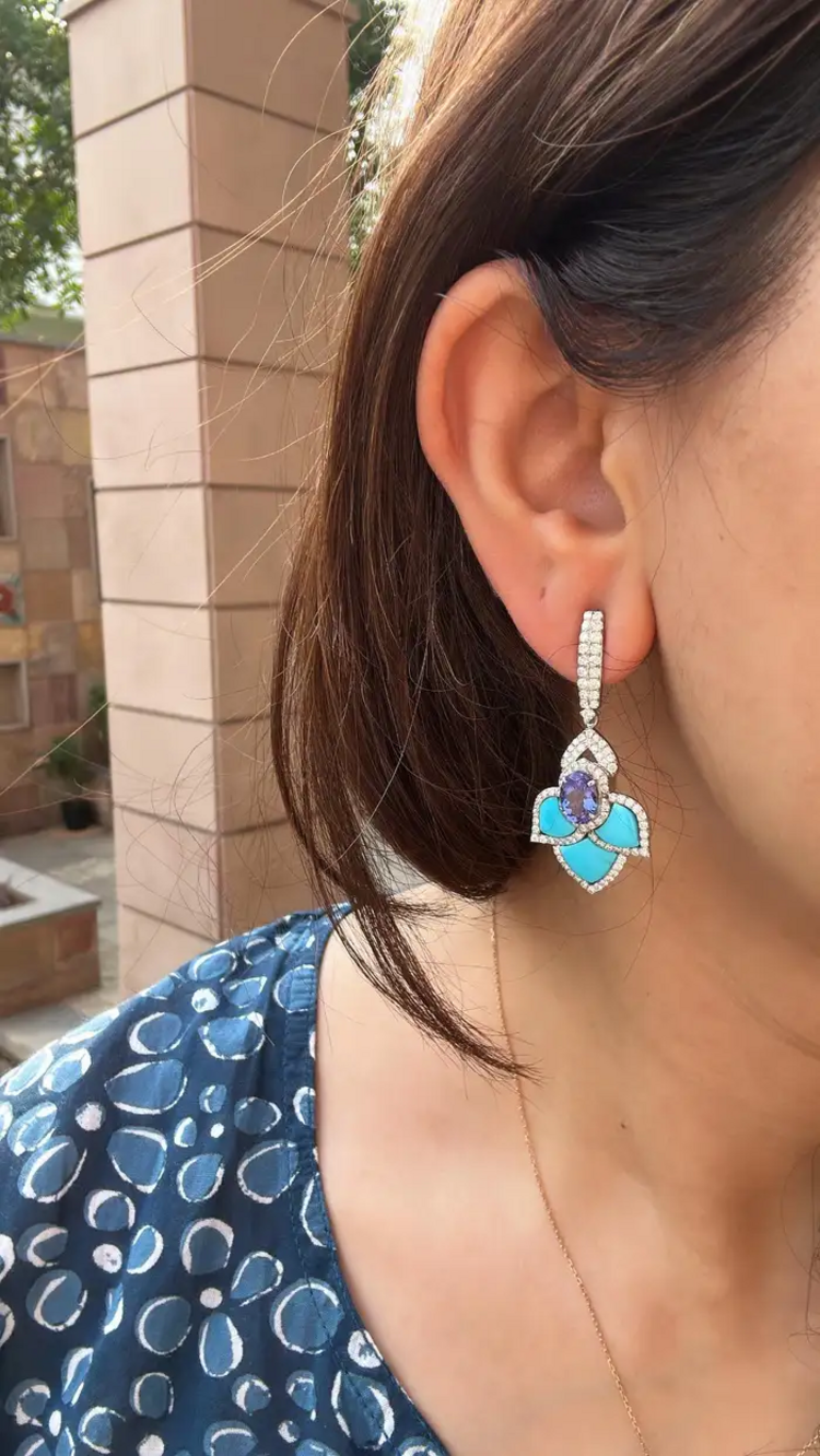 18k White Gold Turquoise & Tanzanite Dangle Earrings - Natural Diamond Earrings