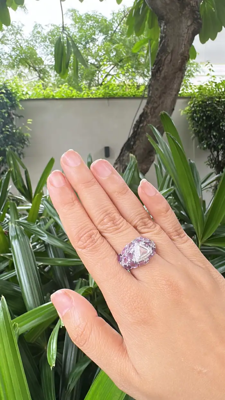 18k White Gold Rose Cut Diamond Ring - Natural Multi Sapphire Wedding Ring