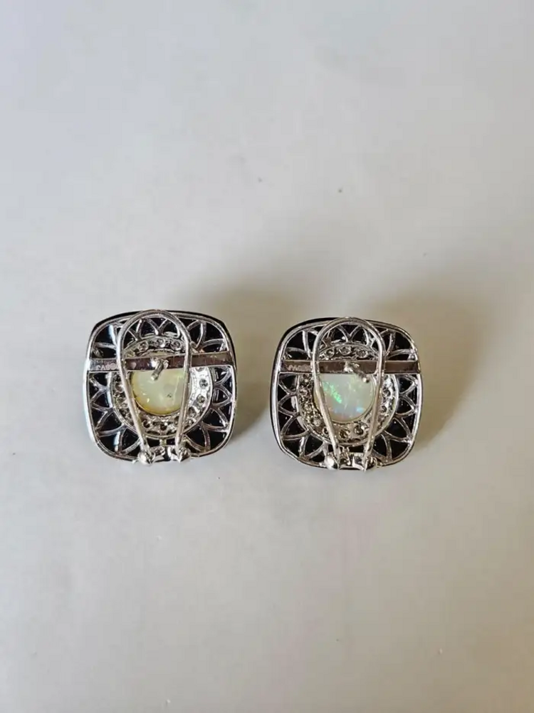 Natural Black Onyx & Ethiopian Opal Stud Earrings - 18k White Gold Diamond Handmade Earrings