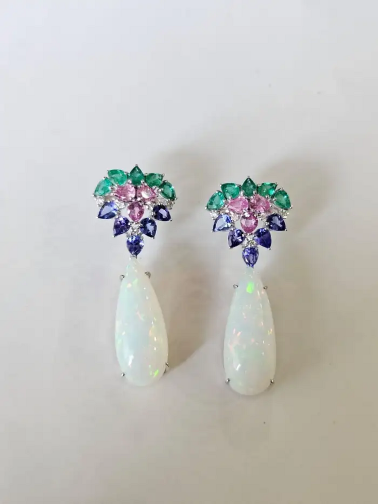 18k White Gold Diamond Dangle Earrings - Natural Zambian Emerald, Ethiopian Opal, Tanzanite & Pink Sapphire Earrings