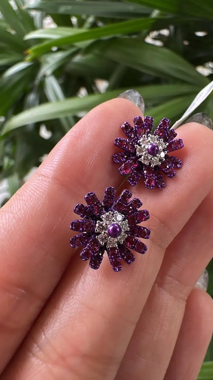 Natural Mozambique Ruby & Diamonds Stud Earrings - 18k Gold Purple Rhodium Tiny Stud Earrings