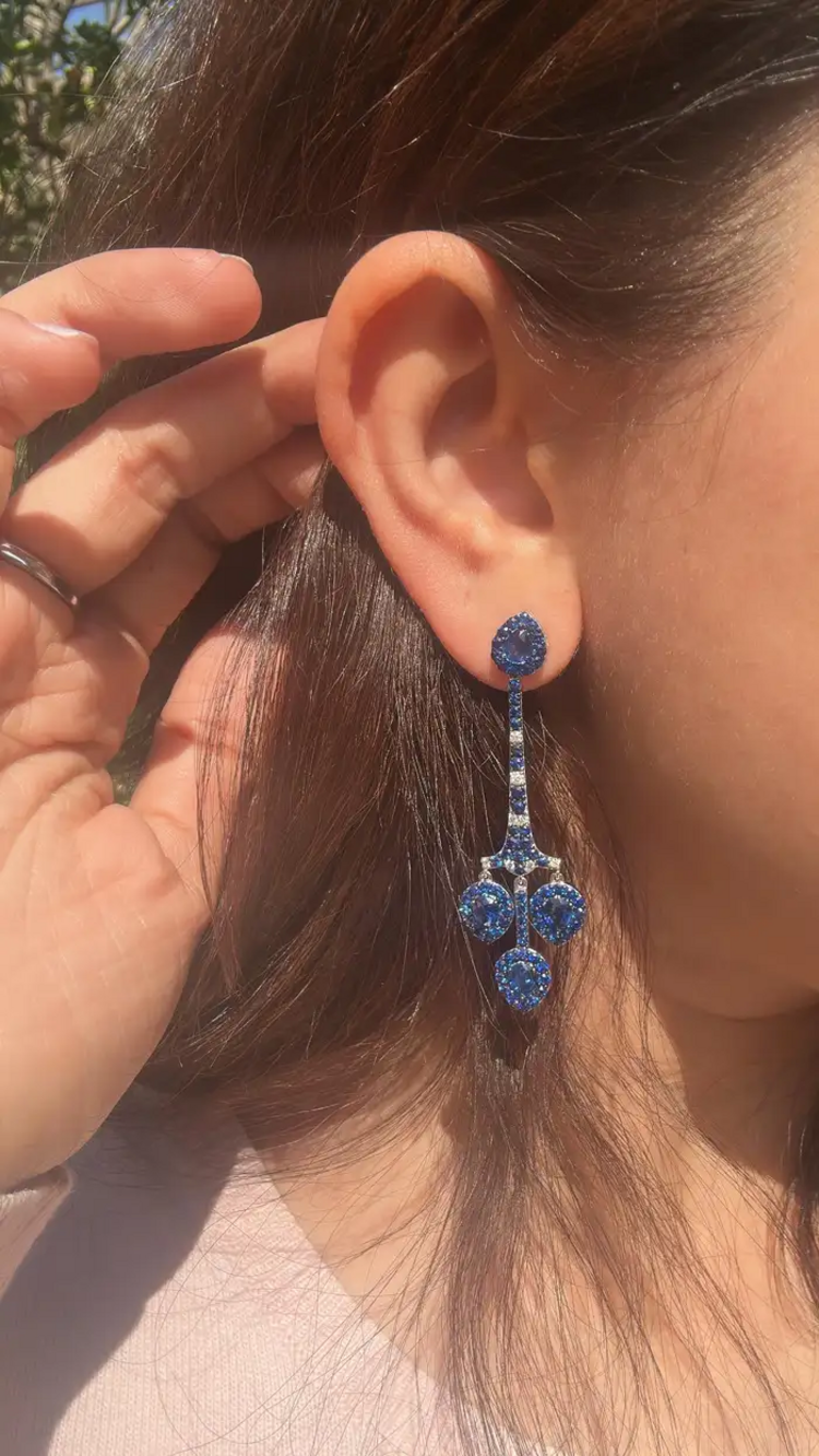 Natural Ceylon Blue Sapphire Chandelier Earring - 18k White Gold Diamond Handmade Dangle Earrings