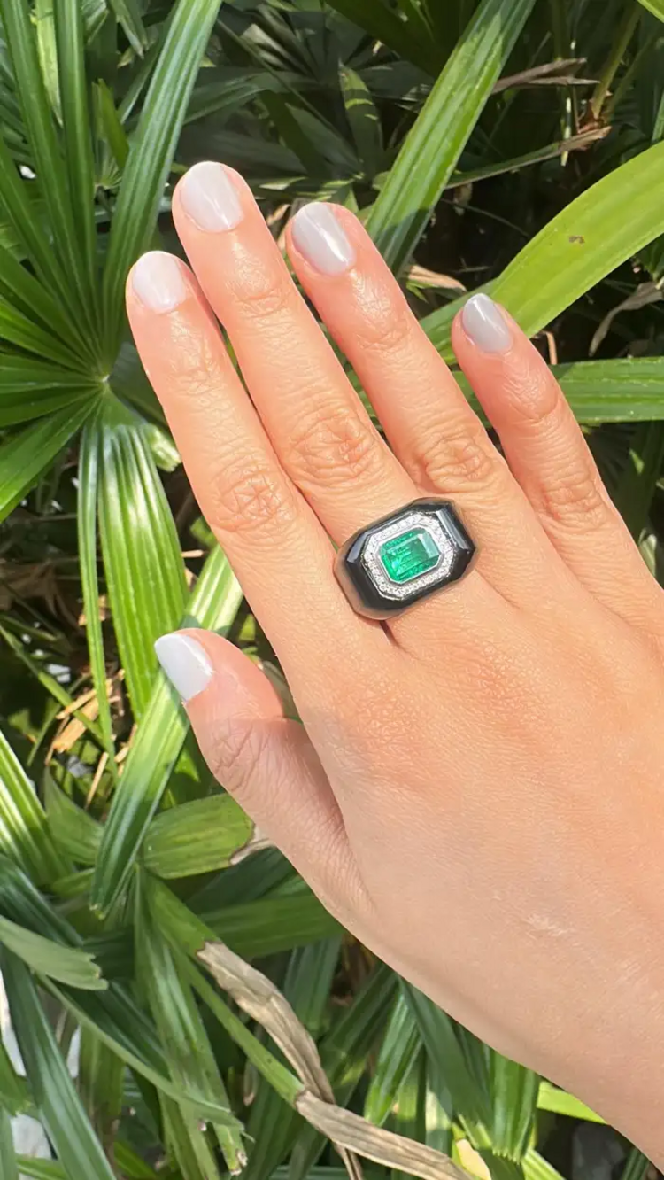 18k White Gold Diamond Ring - Natural Zambian Emerald & Black Onyx Wedding Ring