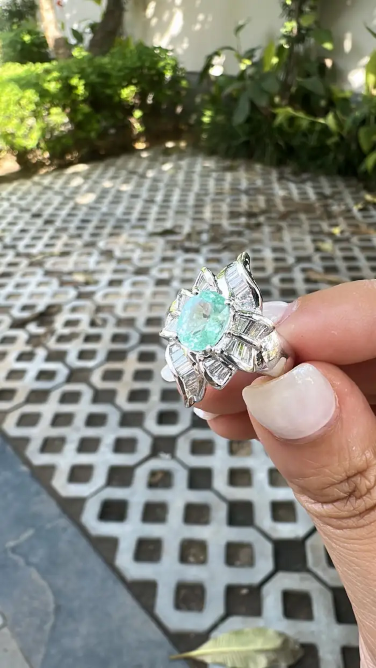 Platinum 900 Diamond Ring - Natural Paraiba Tourmaline Wedding Ring