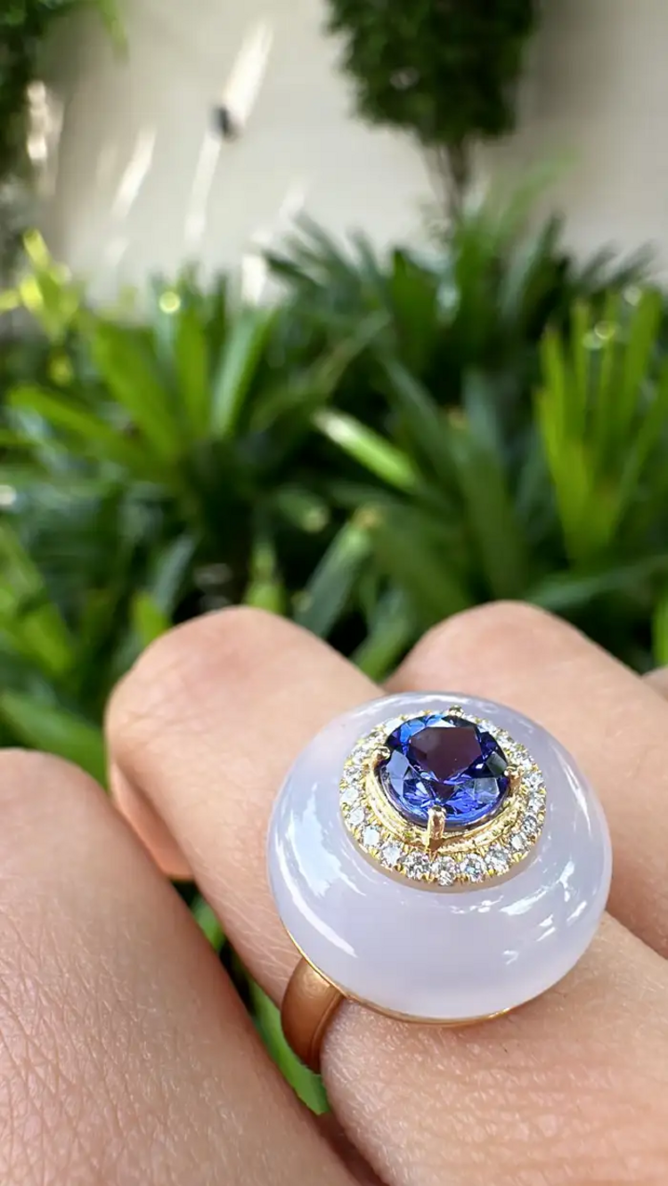 Natural Tanzanite & Chalcedony Gold Ring - 18k Yellow Gold Diamond Cocktail Ring