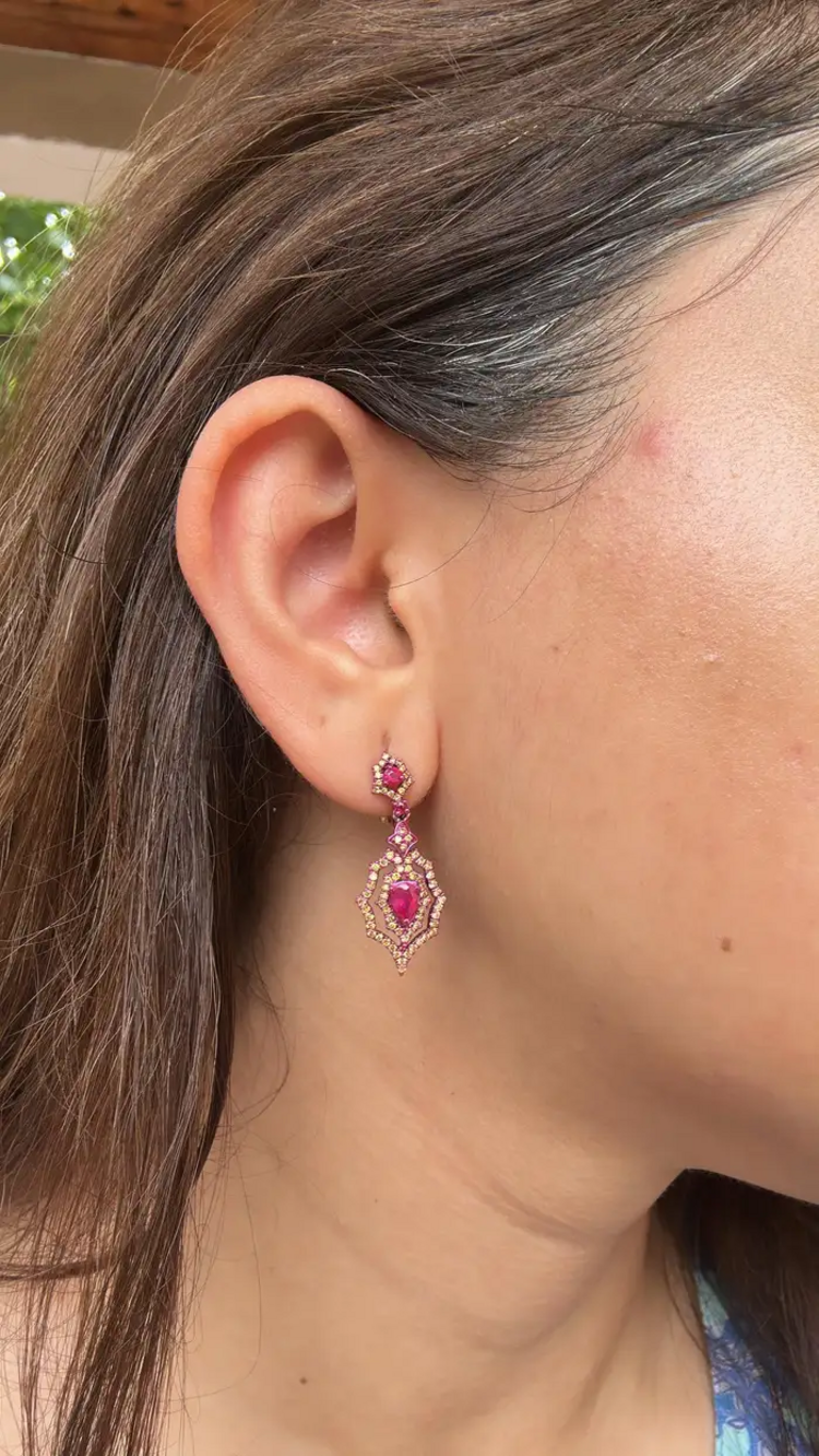 18k Gold Red Rhodium Diamond Dangle Earrings - Natural Mozambique Ruby Earrings