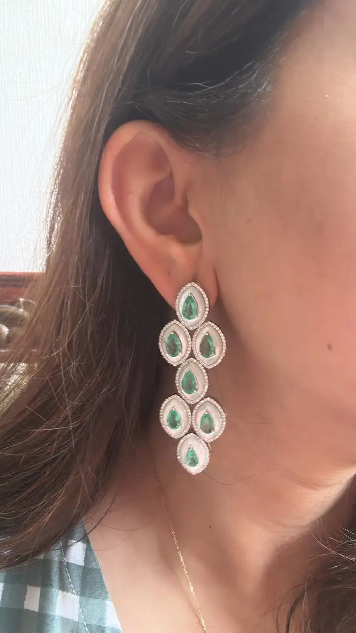 18k White Gold Handmade Chandelier Earring - Natural Colombian Emerald & Mother of Pearl Earrings