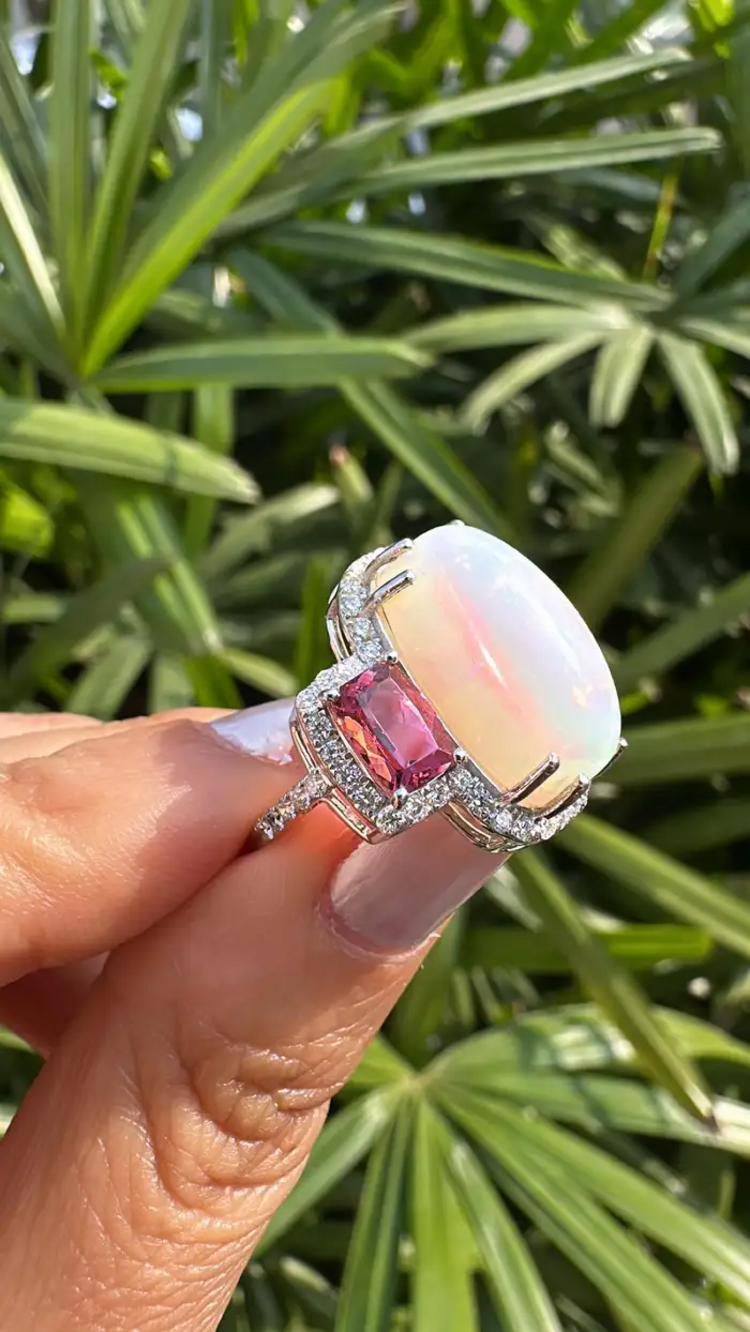 Natural Ethiopian Opal & Rubellite Statement Ring - 18k White Gold Diamond Women Ring
